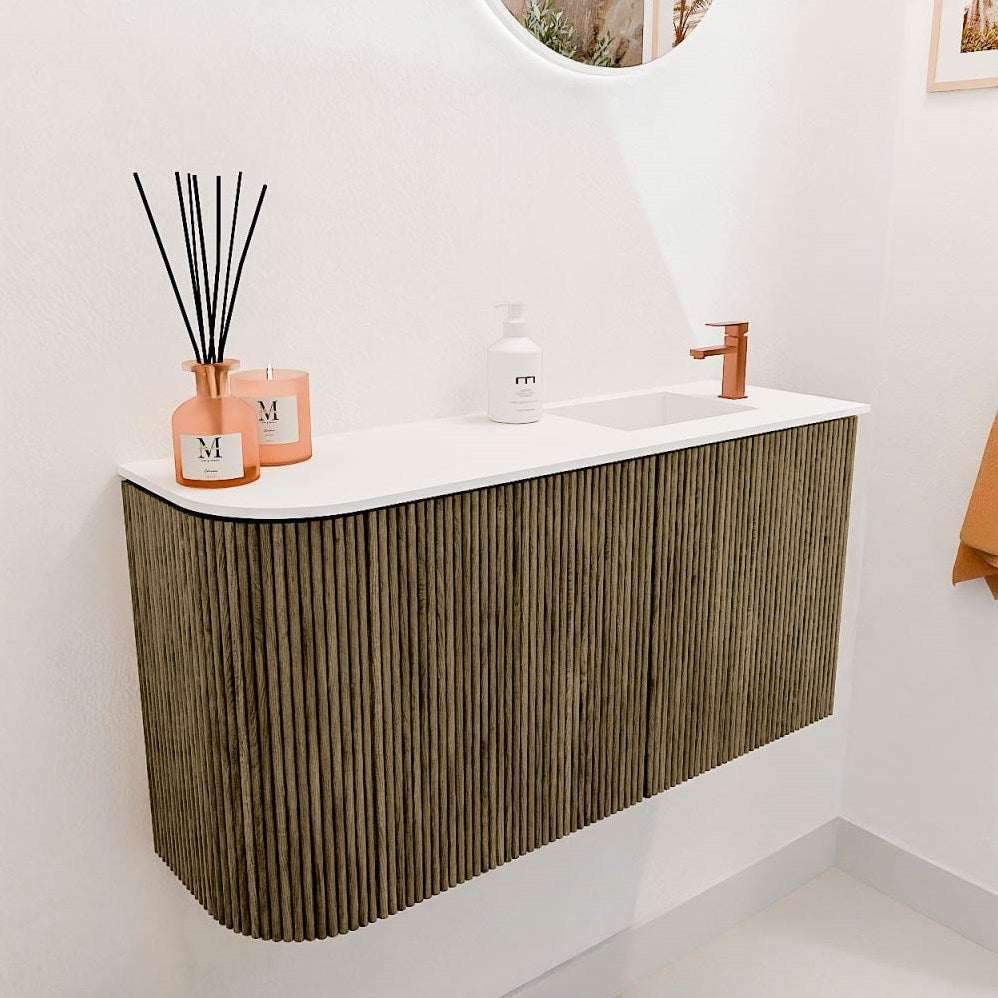 JOYA 81,6cm toiletmeubel ronding links kleur Dusk. Wastafel FAYE positie Rechts 1 kraangat kleur Talc.