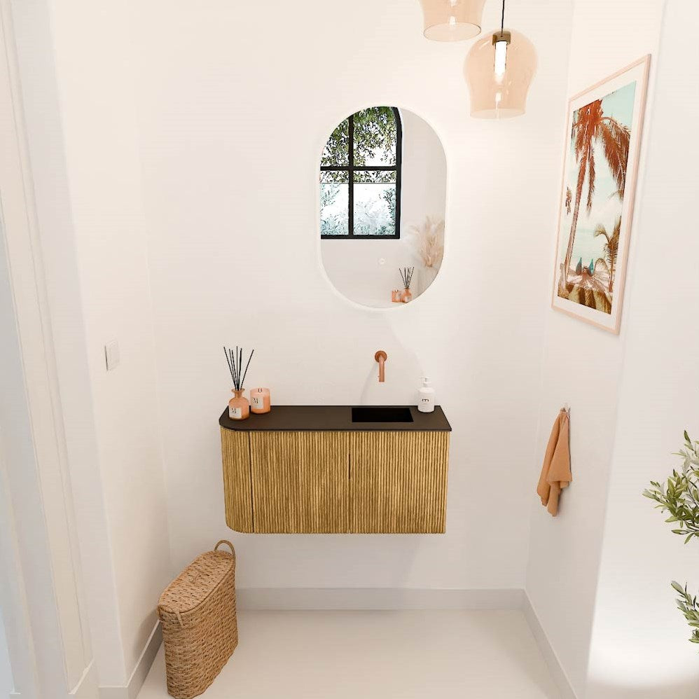 JOYA 81,6cm toiletmeubel ronding links kleur Oak. Wastafel FAYE positie Rechts Zonder kraangat kleur Urban.