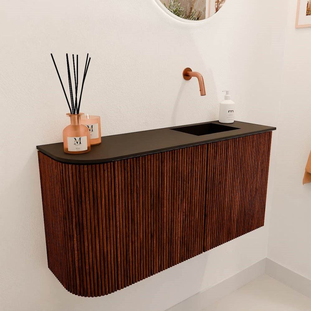 JOYA 81,6cm toiletmeubel ronding links kleur Ruby. Wastafel FAYE positie Rechts Zonder kraangat kleur Urban.