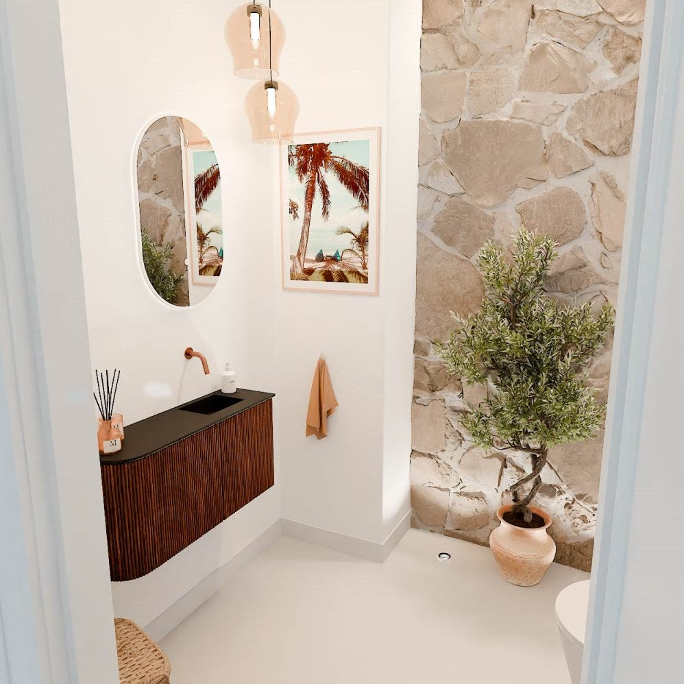 JOYA 81,6cm toiletmeubel ronding links kleur Ruby. Wastafel FAYE positie Rechts Zonder kraangat kleur Urban.
