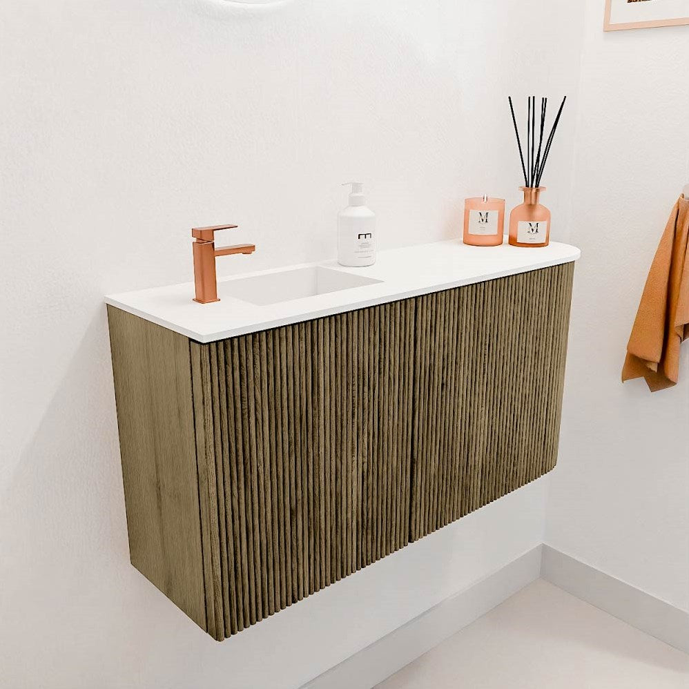 JOYA 81,6cm toiletmeubel ronding rechts kleur Dusk. Wastafel FAYE positie Links 1 kraangat kleur Talc.