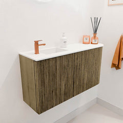 JOYA 81,6cm toiletmeubel ronding rechts kleur Dusk. Wastafel FAYE positie Links 1 kraangat kleur Talc.