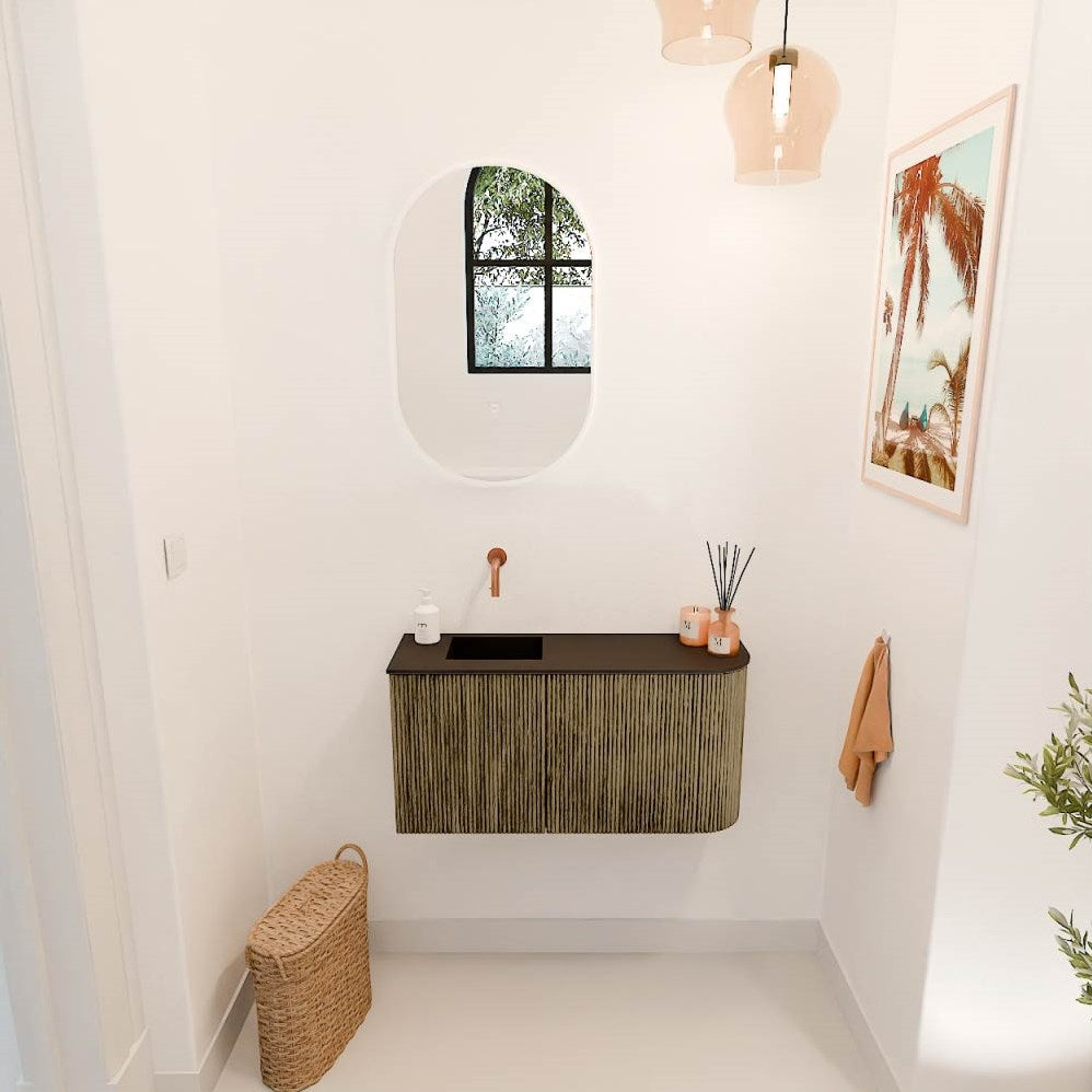 JOYA 81,6cm toiletmeubel ronding rechts kleur Dusk. Wastafel FAYE positie Links Zonder kraangat kleur Urban.