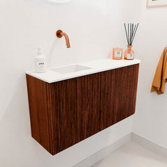 JOYA 81,6cm toiletmeubel ronding rechts kleur Ruby. Wastafel FAYE positie Links Zonder kraangat kleur Talc.