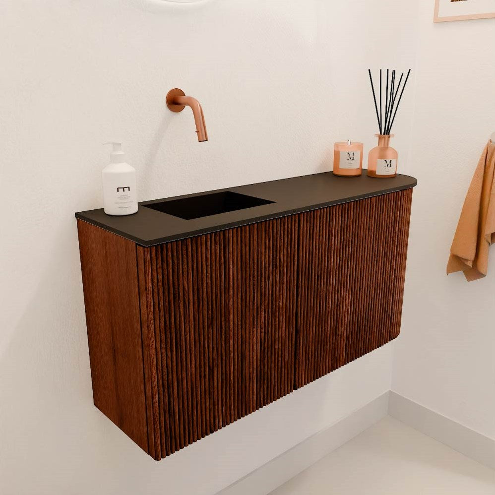 JOYA 81,6cm toiletmeubel ronding rechts kleur Ruby. Wastafel FAYE positie Links Zonder kraangat kleur Urban.