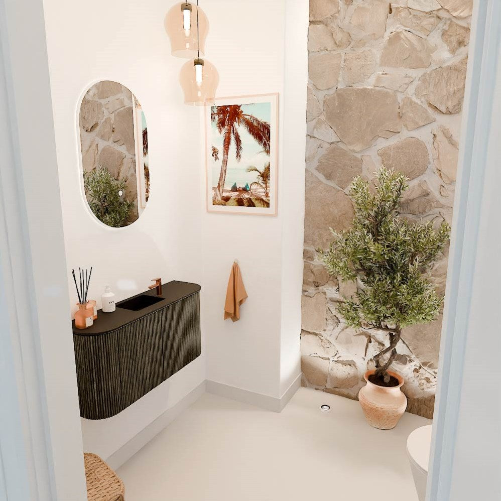 JOYA 83,2cm toiletmeubel ronding links + rechts kleur Shadow. Wastafel FAYE positie Midden 1 kraangat kleur Urban.