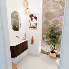 JOYA 83,2cm toiletmeubel ronding links + rechts kleur Walnut. Wastafel FAYE positie Midden Zonder kraangat kleur Talc.