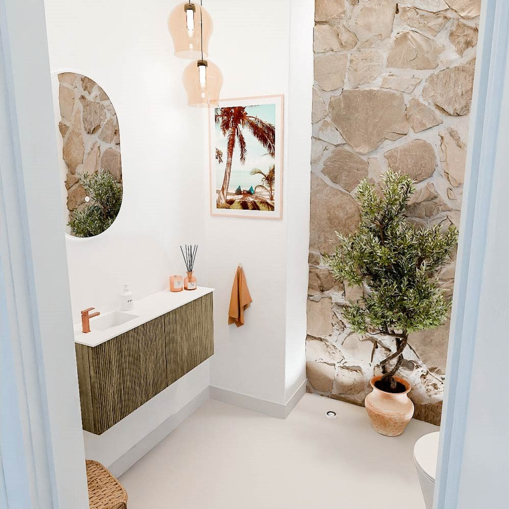 JOYA 90cm toiletmeubel kleur Dusk. Wastafel FAYE positie Links 1 kraangat kleur Talc.