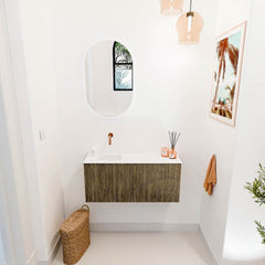 JOYA 90cm toiletmeubel kleur Dusk. Wastafel FAYE positie Links Zonder kraangat kleur Talc.