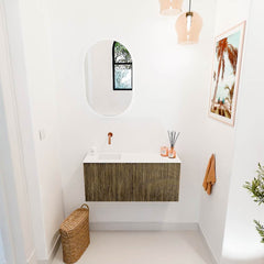 JOYA 90cm toiletmeubel kleur Dusk. Wastafel FAYE positie Links Zonder kraangat kleur Talc.