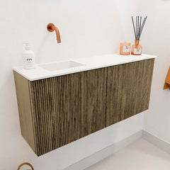 JOYA 90cm toiletmeubel kleur Dusk. Wastafel FAYE positie Links Zonder kraangat kleur Talc.