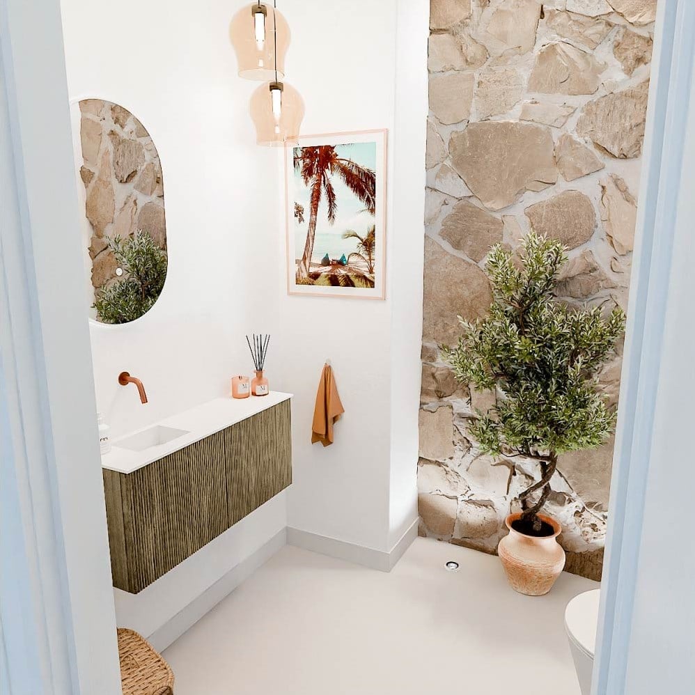 JOYA 90cm toiletmeubel kleur Dusk. Wastafel FAYE positie Links Zonder kraangat kleur Talc.