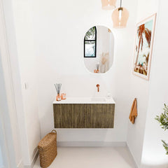 JOYA 90cm toiletmeubel kleur Dusk. Wastafel FAYE positie Rechts Zonder kraangat kleur Talc.