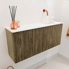 JOYA 90cm toiletmeubel kleur Dusk. Wastafel FAYE positie Rechts Zonder kraangat kleur Talc.