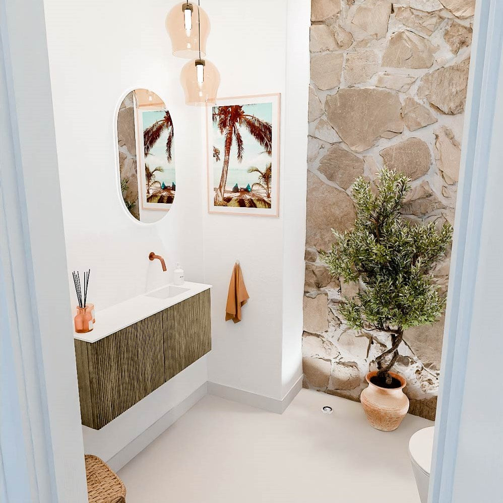 JOYA 90cm toiletmeubel kleur Dusk. Wastafel FAYE positie Rechts Zonder kraangat kleur Talc.