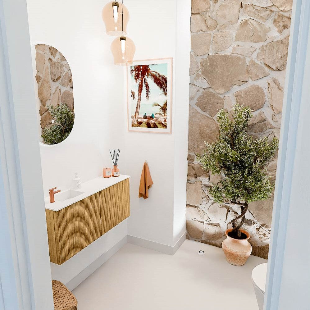 JOYA 90cm toiletmeubel kleur Oak. Wastafel FAYE positie Links 1 kraangat kleur Talc.