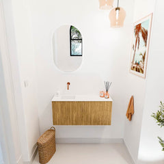 JOYA 90cm toiletmeubel kleur Oak. Wastafel FAYE positie Links Zonder kraangat kleur Talc.