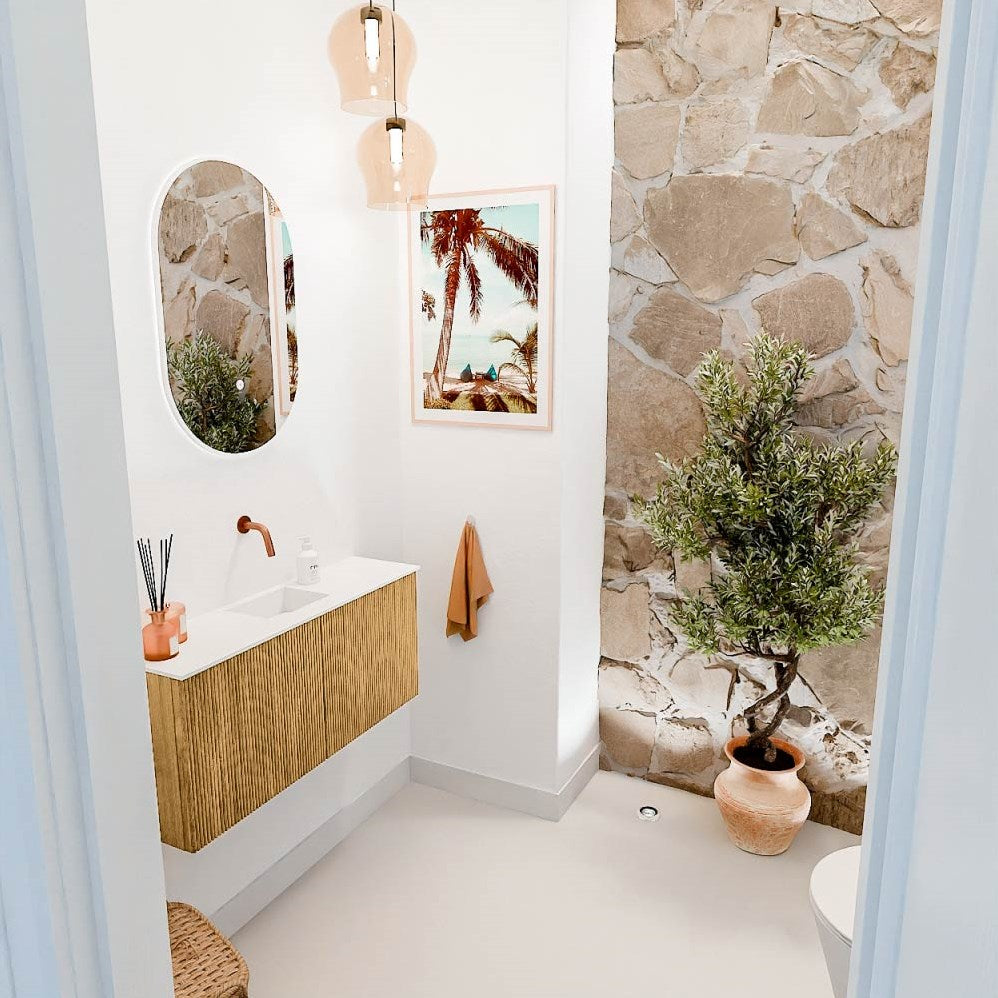 JOYA 90cm toiletmeubel kleur Oak. Wastafel FAYE positie Midden Zonder kraangat kleur Talc.