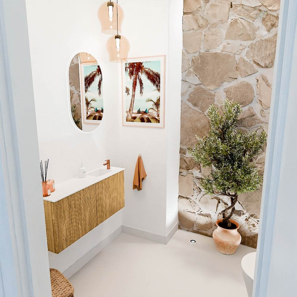 JOYA 90cm toiletmeubel kleur Oak. Wastafel FAYE positie Rechts 1 kraangat kleur Talc.