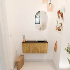 JOYA 90cm toiletmeubel kleur Oak. Wastafel FAYE positie Rechts 1 kraangat kleur Urban.