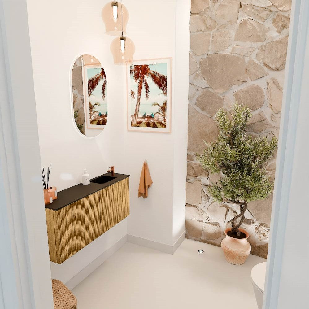 JOYA 90cm toiletmeubel kleur Oak. Wastafel FAYE positie Rechts 1 kraangat kleur Urban.