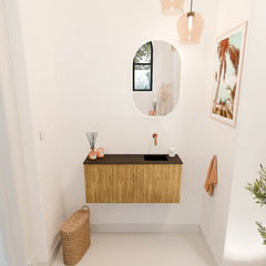 JOYA 90cm toiletmeubel kleur Oak. Wastafel FAYE positie Rechts Zonder kraangat kleur Urban.