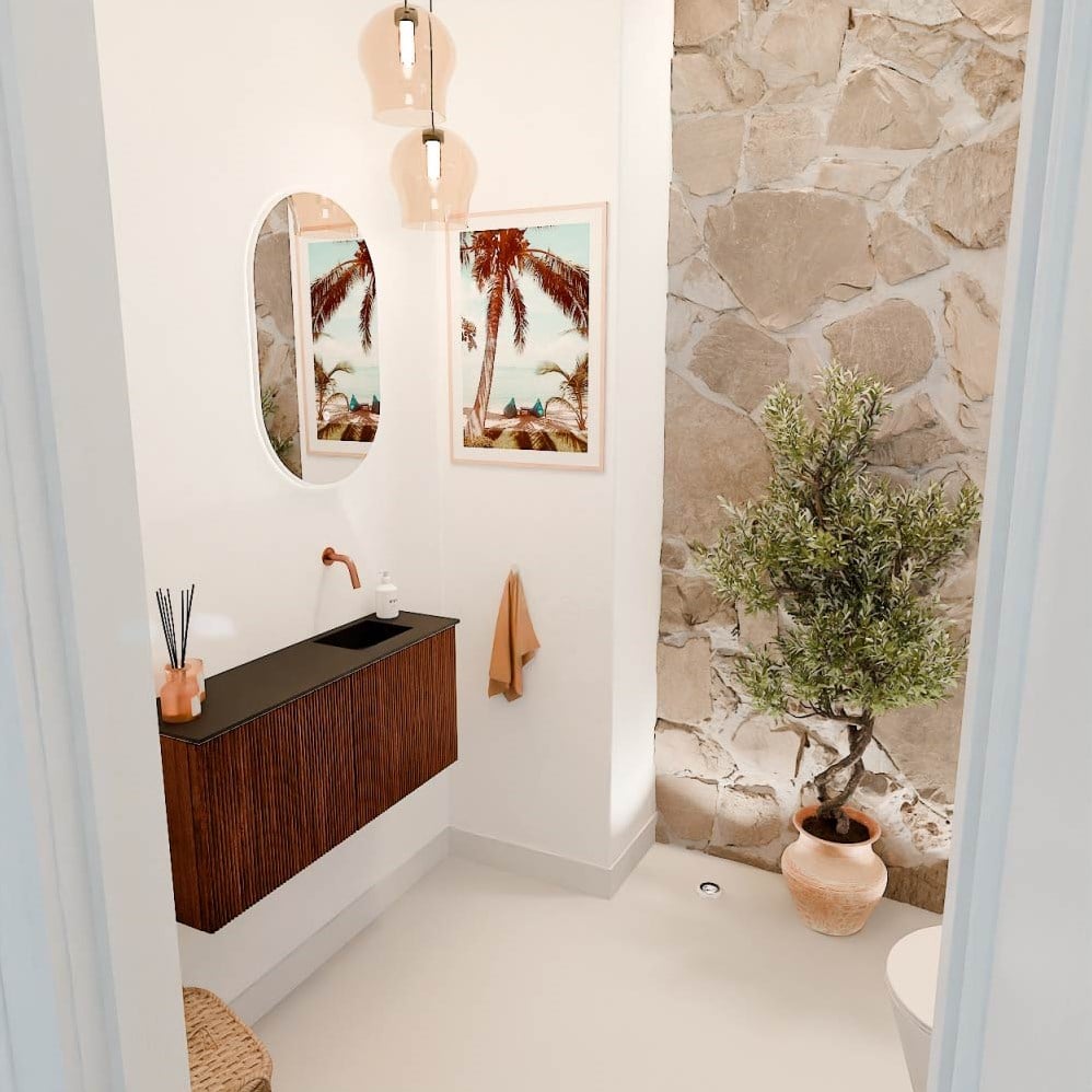 JOYA 90cm toiletmeubel kleur Ruby. Wastafel FAYE positie Rechts Zonder kraangat kleur Urban.