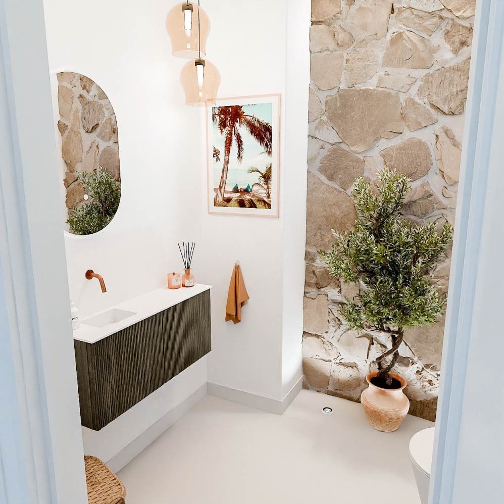 JOYA 90cm toiletmeubel kleur Shadow. Wastafel FAYE positie Links Zonder kraangat kleur Talc.