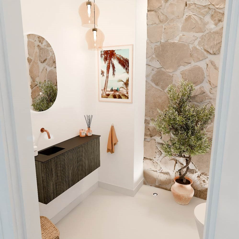 JOYA 90cm toiletmeubel kleur Shadow. Wastafel FAYE positie Links Zonder kraangat kleur Urban.