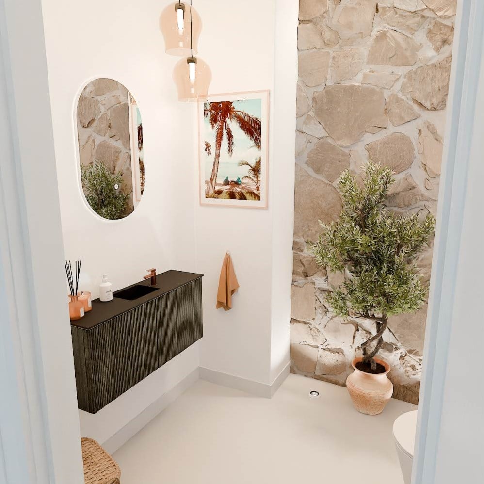 JOYA 90cm toiletmeubel kleur Shadow. Wastafel FAYE positie Midden 1 kraangat kleur Urban.