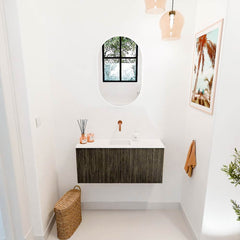 JOYA 90cm toiletmeubel kleur Shadow. Wastafel FAYE positie Midden Zonder kraangat kleur Talc.