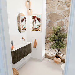 JOYA 90cm toiletmeubel kleur Shadow. Wastafel FAYE positie Rechts Zonder kraangat kleur Talc.