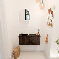 JOYA 90cm toiletmeubel kleur Walnut. Wastafel FAYE positie Links 1 kraangat kleur Urban.