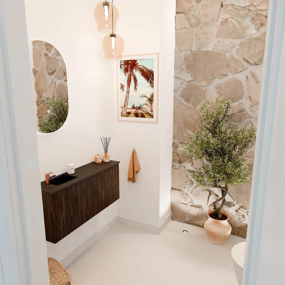 JOYA 90cm toiletmeubel kleur Walnut. Wastafel FAYE positie Links 1 kraangat kleur Urban.