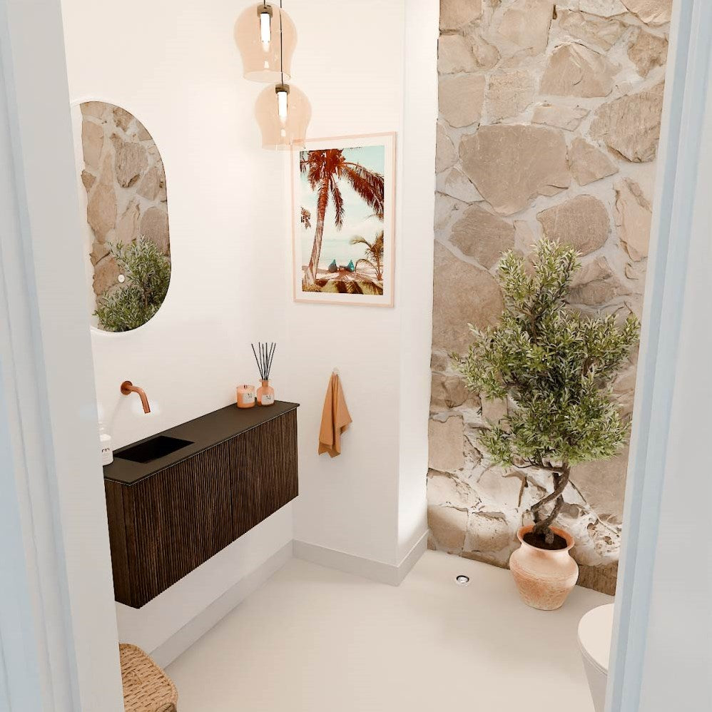 JOYA 90cm toiletmeubel kleur Walnut. Wastafel FAYE positie Links Zonder kraangat kleur Urban.