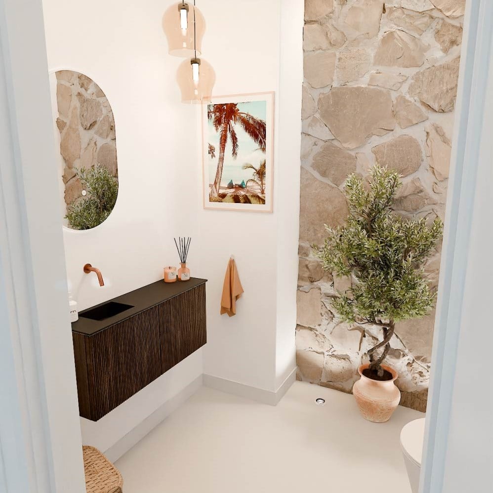 JOYA 90cm toiletmeubel kleur Walnut. Wastafel FAYE positie Links Zonder kraangat kleur Urban.