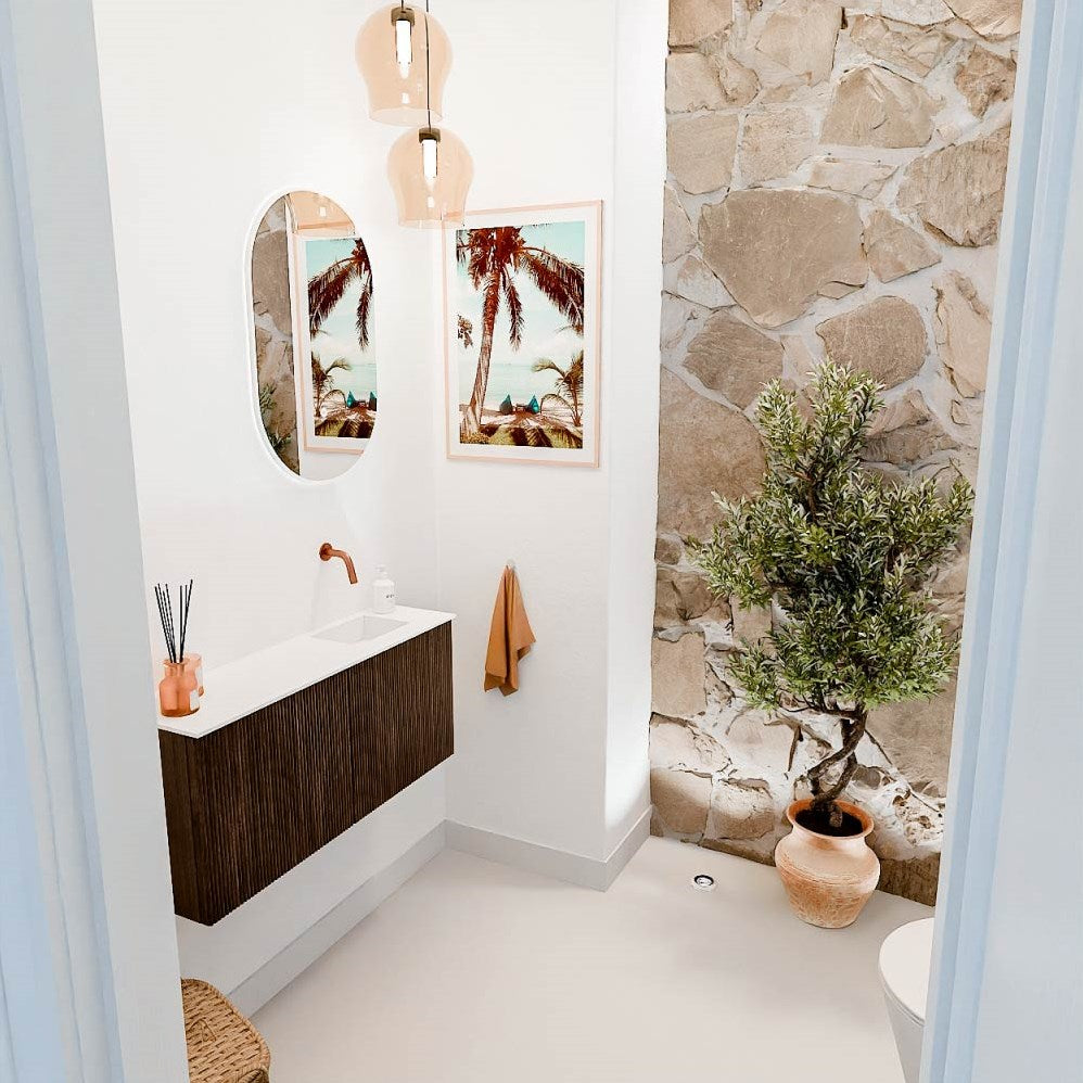 JOYA 90cm toiletmeubel kleur Walnut. Wastafel FAYE positie Rechts Zonder kraangat kleur Talc.