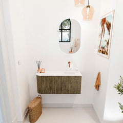 JOYA 91,6cm toiletmeubel ronding links kleur Dusk. Wastafel FAYE positie Rechts Zonder kraangat kleur Talc.