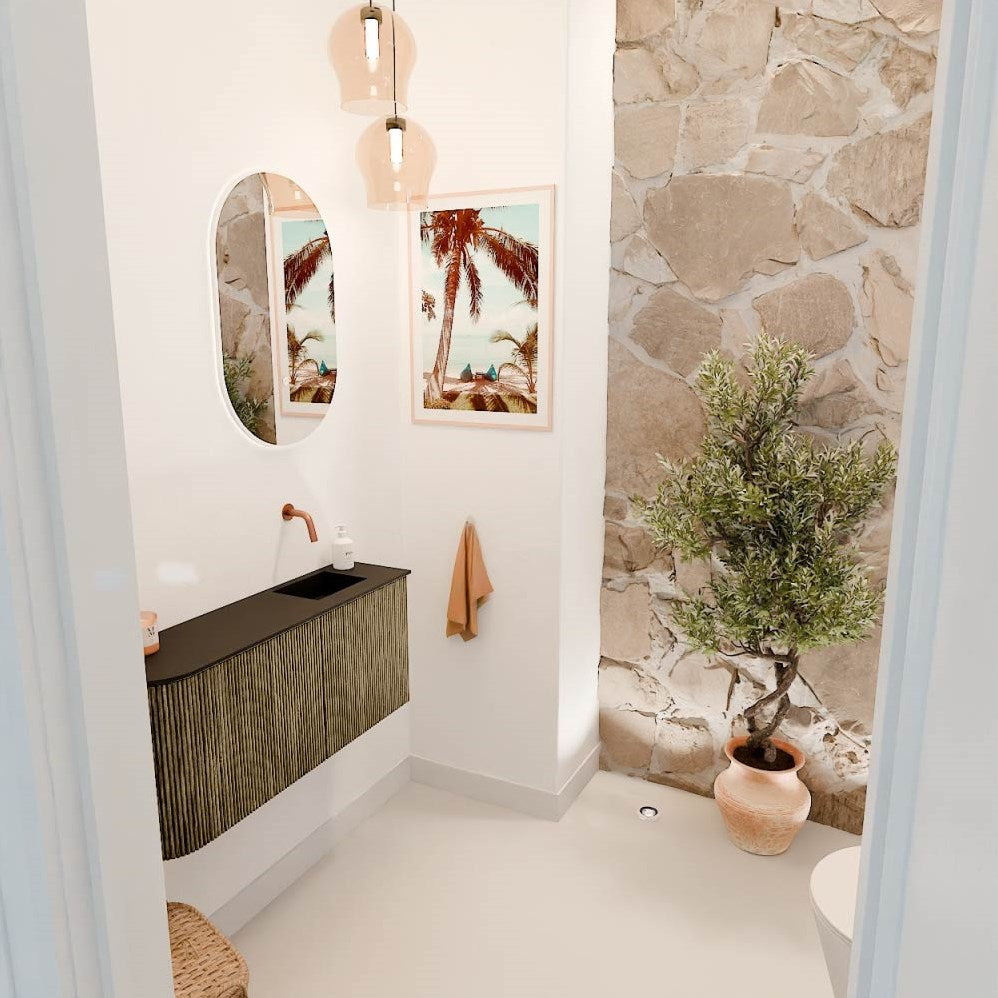 JOYA 91,6cm toiletmeubel ronding links kleur Dusk. Wastafel FAYE positie Rechts Zonder kraangat kleur Urban.