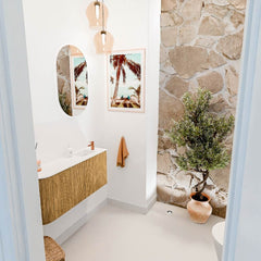 JOYA 91,6cm toiletmeubel ronding links kleur Oak. Wastafel FAYE positie Rechts 1 kraangat kleur Talc.