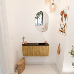 JOYA 91,6cm toiletmeubel ronding links kleur Oak. Wastafel FAYE positie Rechts 1 kraangat kleur Urban.