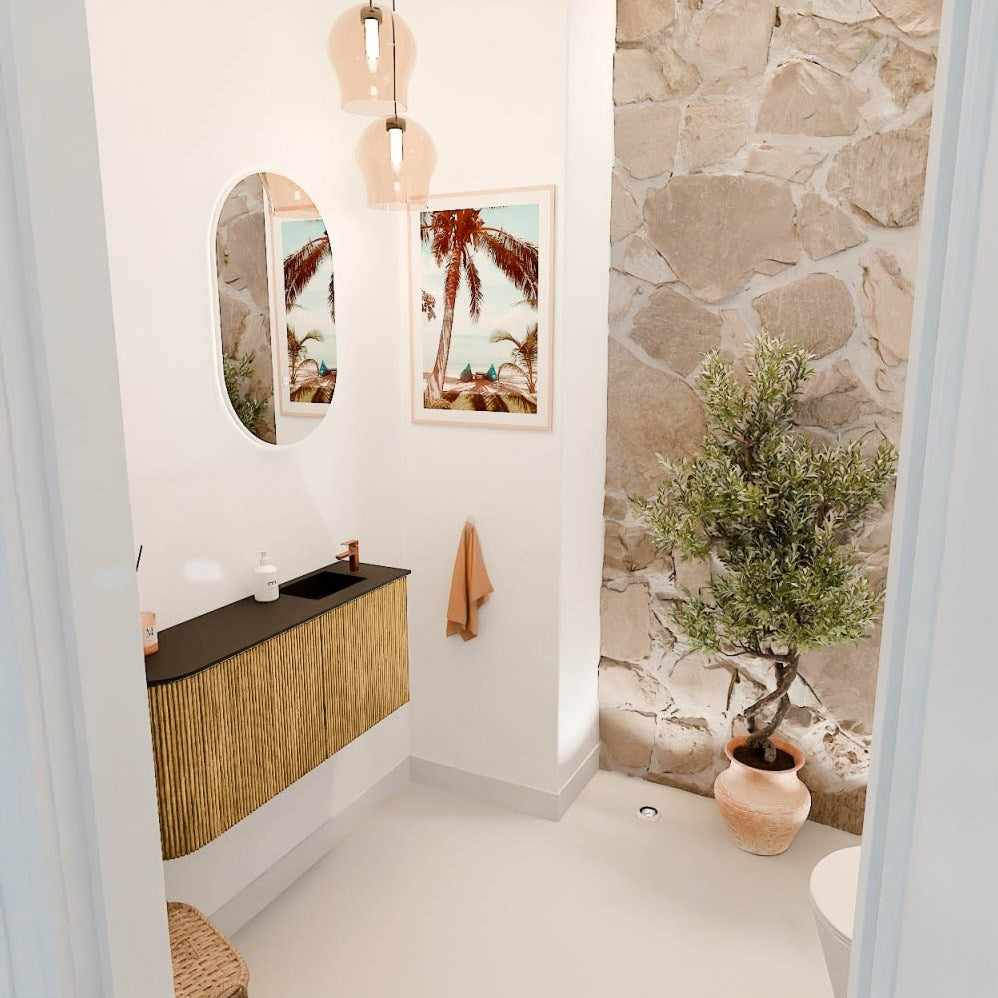 JOYA 91,6cm toiletmeubel ronding links kleur Oak. Wastafel FAYE positie Rechts 1 kraangat kleur Urban.