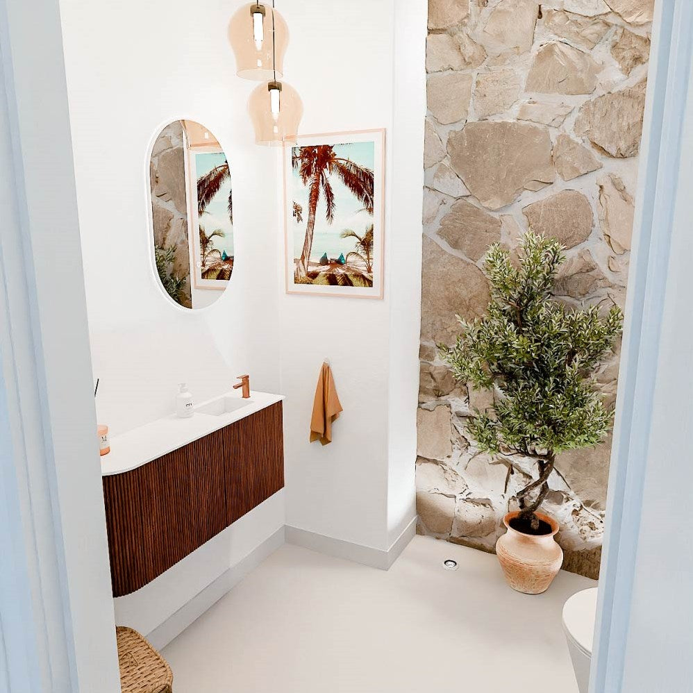 JOYA 91,6cm toiletmeubel ronding links kleur Ruby. Wastafel FAYE positie Rechts 1 kraangat kleur Talc.