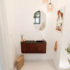 JOYA 91,6cm toiletmeubel ronding links kleur Ruby. Wastafel FAYE positie Rechts 1 kraangat kleur Urban.