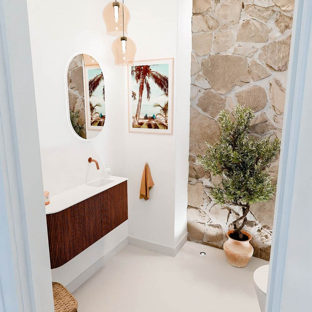 JOYA 91,6cm toiletmeubel ronding links kleur Ruby. Wastafel FAYE positie Rechts Zonder kraangat kleur Talc.