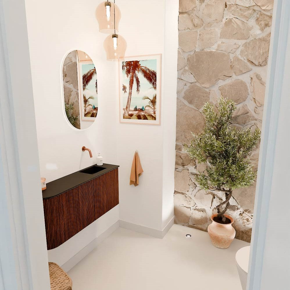 JOYA 91,6cm toiletmeubel ronding links kleur Ruby. Wastafel FAYE positie Rechts Zonder kraangat kleur Urban.