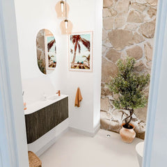 JOYA 91,6cm toiletmeubel ronding links kleur Shadow. Wastafel FAYE positie Rechts 1 kraangat kleur Talc.