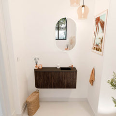 JOYA 91,6cm toiletmeubel ronding links kleur Walnut. Wastafel FAYE positie Rechts 1 kraangat kleur Urban.