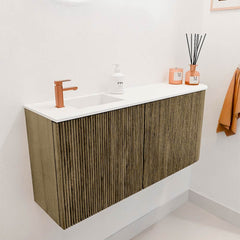 JOYA 91,6cm toiletmeubel ronding rechts kleur Dusk. Wastafel FAYE positie Links 1 kraangat kleur Talc.