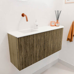 JOYA 91,6cm toiletmeubel ronding rechts kleur Dusk. Wastafel FAYE positie Links Zonder kraangat kleur Talc.